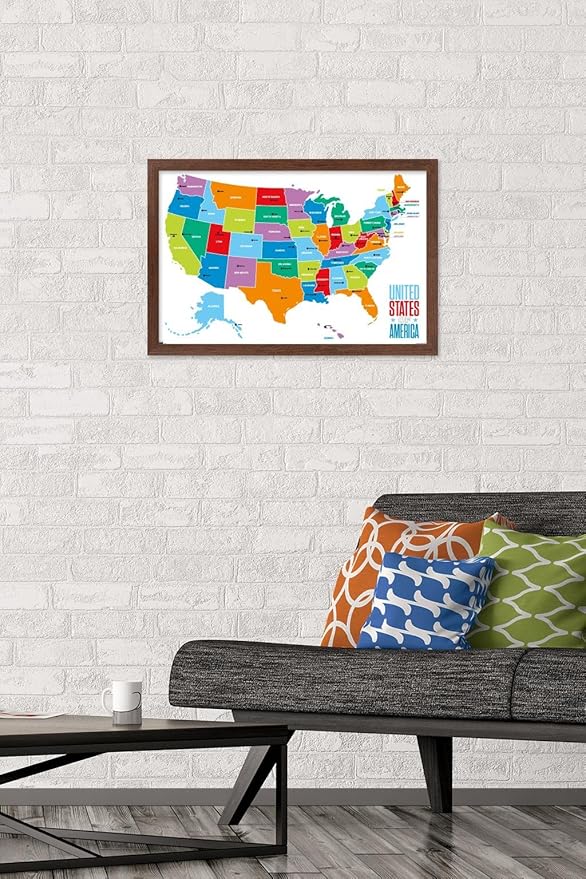 Trends International Map - United States Of America 2022 Wall Poster, 14.725" x 22.375", Mahogany Framed Version