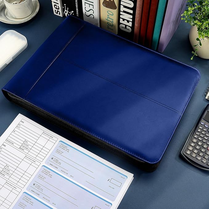 SUNEE Zippered Business Checkbook Binder 7 Ring 1 Inch with Zipper for Business Checks (9" x 13"), PU Leather Check Binder Holds 600 Checks Capacity for Executive Supplies, Blue