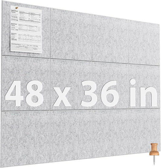 MaxGear Large Cork Board for Wall 48" x 36" Light Gray Bulletin Board, 12 Pack Felt Wall Tiles with Pushpins, Cork Boards for Office Pin Board Tack Board for Photo Meno Decor
