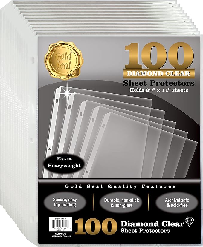 GOLD SEAL 100 Count Diamond Clear Extra Heavyweight Sheet Protectors, 4 mils Strong,8.5 x 11, Top Load, 100 Pack