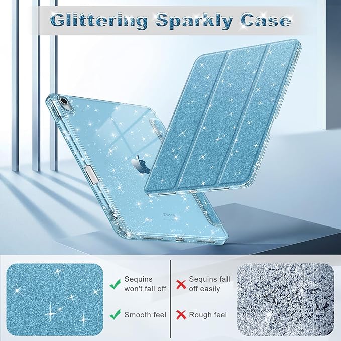 Fintie Slim Case with Pencil Holder for iPad Air 11-inch M4/M3/M2 (2026/2025/2024), iPad Air 5th (2022) / 4th Generation 10.9 Inch - Glittering Sparkly Cover with Shiny Clear Back Shell, Blue