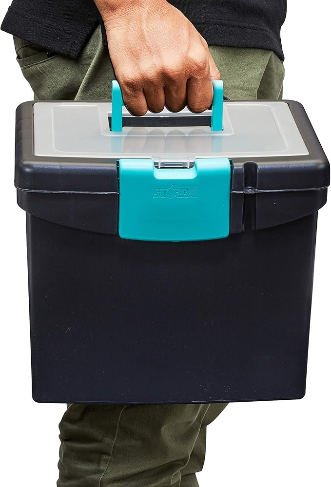 Storex Portable File Box, with Lockable XL Supply Storage Lid and Carry Handle, Black/Teal, 10.9 x 11 x 13.25 Inches, 2-Pack (61414B02C)