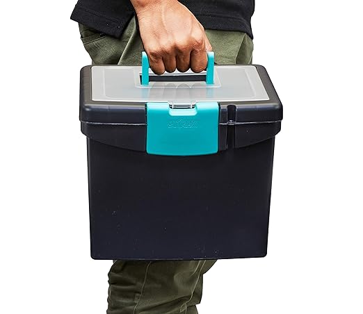 Storex File Storage Box with XL Storage Lid, 10-7/8 x 13-1/4 x 11 Inches, Black/Teal