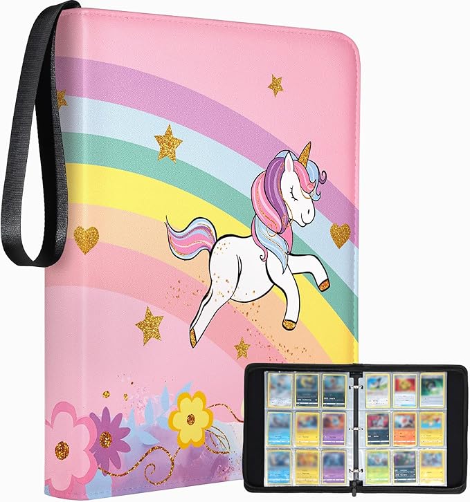 for 9 Pocket Card Binder Large Capacity for 900 Cards - Trading Card Collection Album Folder Double Sided Pocket with Zipper Rainbow Design for Girls Girly Teens for Sports Cards Game Cards