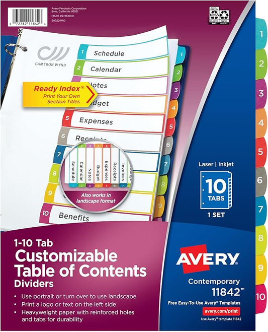 Avery Dividers for 3 Ring Binders, 10 Tabs per Set, Customizable Table of Contents, Multicolor Arched Tabs, Great for Organizing Reports, Projects, and More (11842)