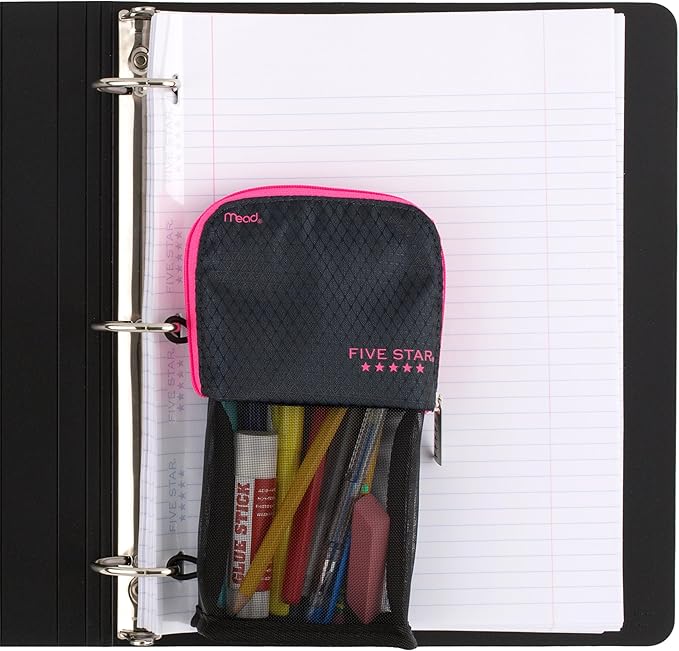 Five Star Pencil Pouch, Pen Case, Stand 'N Store Zipper Pouch, Fits 3-Ring Binder, Storage Organizer for Supplies Earbuds Chargers Cables Makeup, Navy/Pink (505160B-ECM)