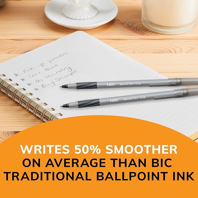 BIC Round Stic Grip Xtra Comfort Black Ballpoint Pens, Medium Point (1.2mm), 12-Count Pack, Perfect Writing Pens With Soft Grip for Superb Comfort and Control
