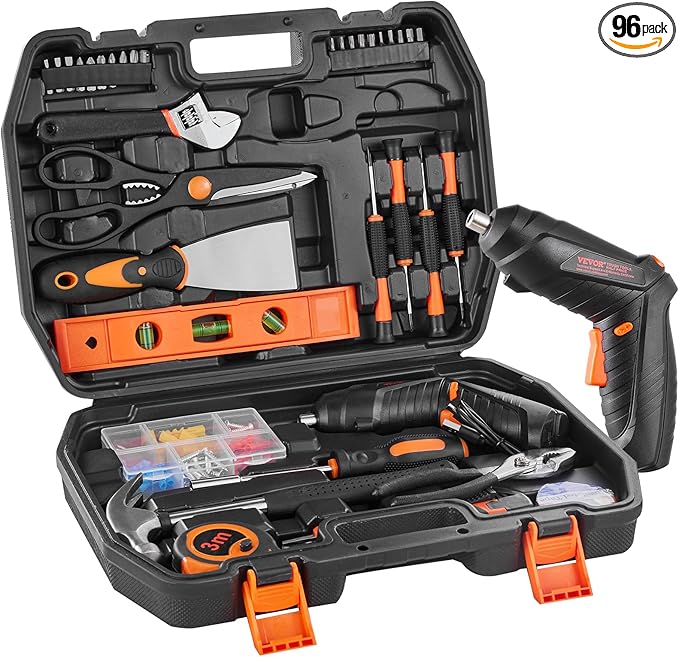VEVOR Tool Kit, 96 Piece General Household Hand Tool Set, with Cordless Screwdriver and Portable Tool Storage Case, Steel, for Home Maintenance, DIY Projects, and Automotive Repair