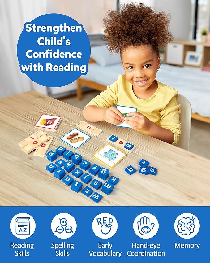 Coogam Wooden Short Vowel Reading Letters Sorting Spelling Games, Site CVC Words Learning Flashcards Alphabet Puzzle Montessori Educational Toy Gift for Kids 3 4 5 Years Old