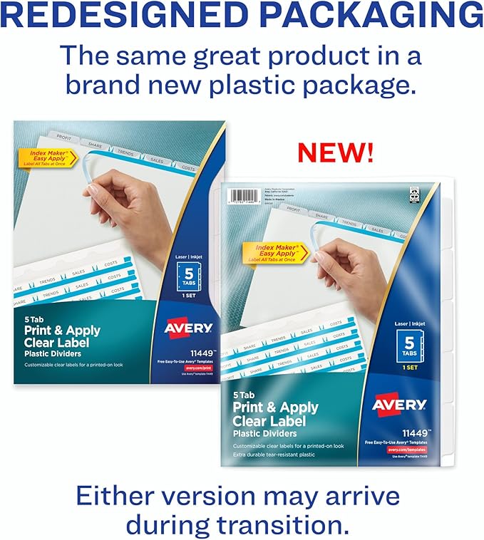 Avery 5 Tab Plastic Dividers for 3 Ring Binder, Easy Print & Apply Clear Label Strip, Index Maker Customizable Frosted White Tabs, 1 Set (11449)