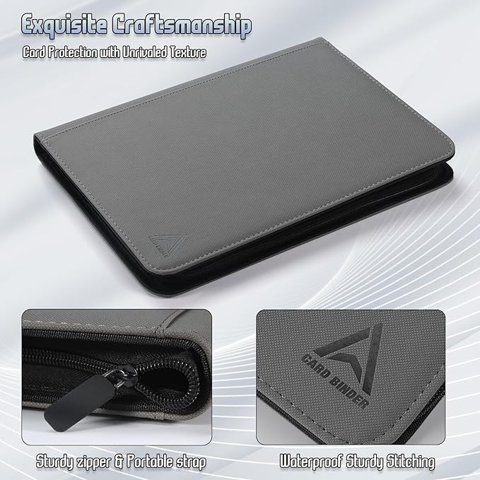 9 Pocket Card Binder - 540 Capacity with Zip Closure Premium, Double-Sided,Sturdy & Sleek PU Leather Protector for MTG, TCG, Sport & Collectible Cards (Grey)