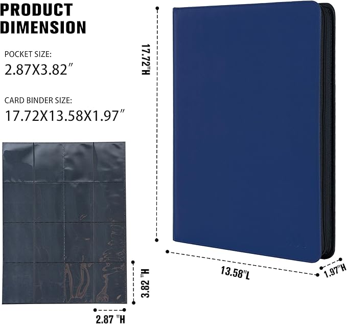 Card Binder 16 Pocket,Trading Card Binder Holds up to 1408 Cards with 44 Sleeves,Zipper Card Holder Album Compatible with TCG Card/Game Cards/Sports Card-Blue