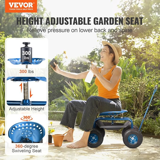 VEVOR Garden Cart Rolling Workseat with Wheels, Gardening Stool for Planting, 360 Degree Swivel Seat, Wagon Scooter with Steering Handle & Utility Tool Tray, Use for Patio, Yard, and Outdoors, Blue