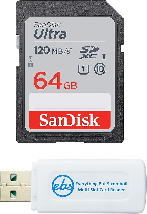 SanDisk 64GB SDXC SD Ultra Memory Card Works with Nikon D3500, D7500, D5600, D5200 Digital Camera Class 10 (SDSDUN4-064G-GN6IN) Bundle with (1) Everything But Stromboli Combo Card Reader