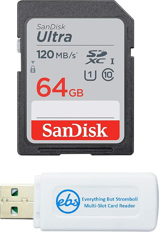 SanDisk 64GB SDXC SD Ultra Memory Card Works with Nikon D3500, D7500, D5600, D5200 Digital Camera Class 10 (SDSDUN4-064G-GN6IN) Bundle with (1) Everything But Stromboli Combo Card Reader