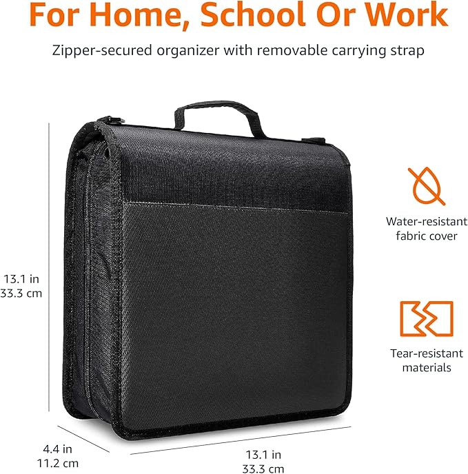 Amazon Basics Durable 3 Ring Binder with Zipper and Strap, Multiple Pockets, Sturdy Storage for School and Office, 3 inch, Black