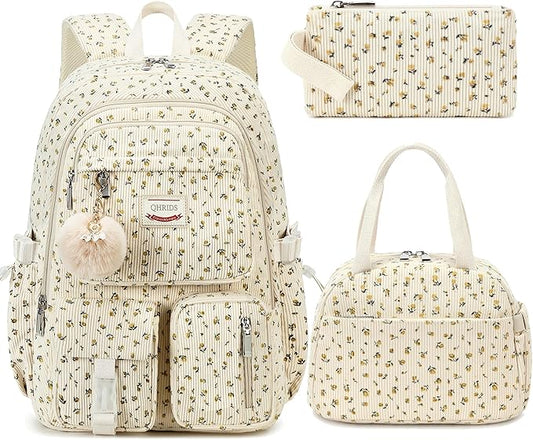 School Backpack Set for Teens Girls Women 3PCS Corduroy Lightweigh Laptop Backpacks with Lunch Box Pencil Kids Elementary Middle High Bags Students 3 in1 Bookbag Travel Daypack, Floral