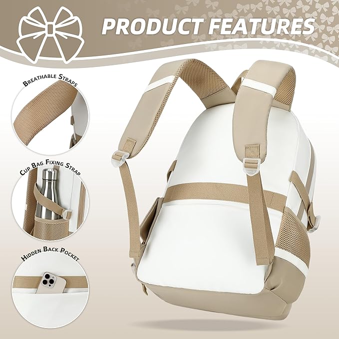 School Backpack for Girls 3PCS Nylon Kids Backpack Set with Lunch Box & Pencil Pouch, Cute Lightweight Teen Girls School Bag Laptop Bag Travel Daypack for Elementary Middle High School Beige Brown