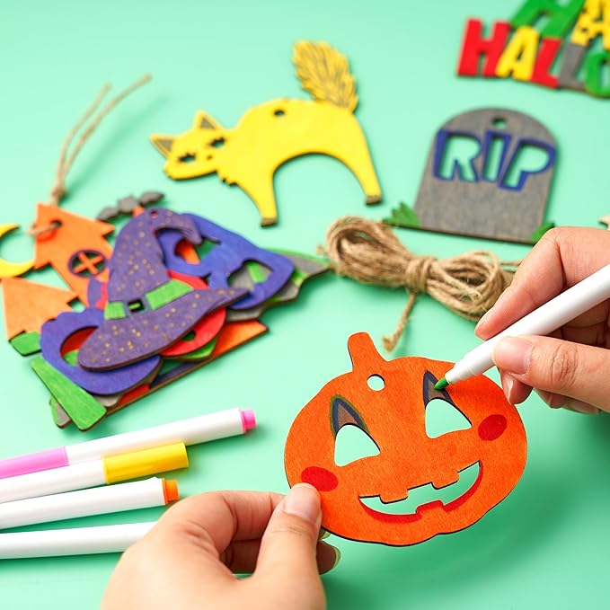 JOYIN 36 Pcs Halloween Craft Wooden Painting Kit, Halloween Party Supplies, Party Favors for Kids, Wood Blank Cutouts Ornaments, Gift Tags Decor for School Art DIY Activities Goodies Games(Age 8+)