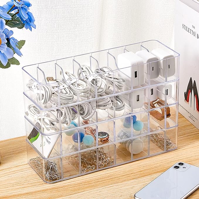 Tatuo 8 Pcs Cable Organizer with 80 Wire Ties, Plastic Cord Storage Charger Box Electronics Organizer with Adjustment Compartments Cable Storage for Drawer Home Office Desk Accessories (Clear)