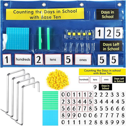Back to School Counting The Days with Base Ten Pocket Chart Place Value, Counting Caddie Pocket Chart for Classroom Bulletin Board School or Home Decor, 4 Hooks(Blue,Classic Style)