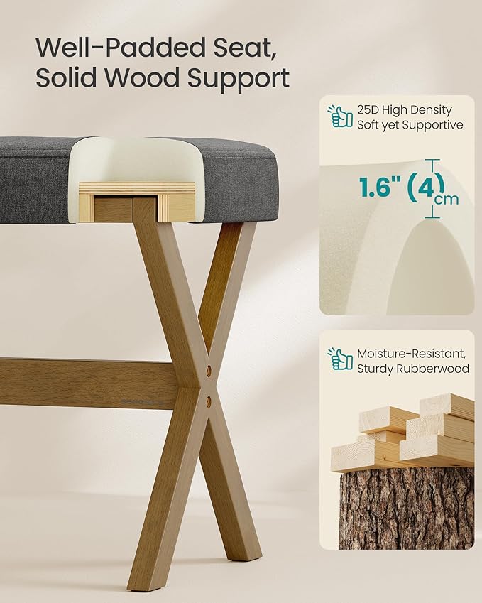 SONGMICS Makeup Stool, Padded Vanity Stool, Foot Rest, Solid Wood X Legs, for Bedroom, Closet, Entryway, 12.6 x 16.5 x 18.1 Inches, Slate Gray and Brown ULSF006GN01
