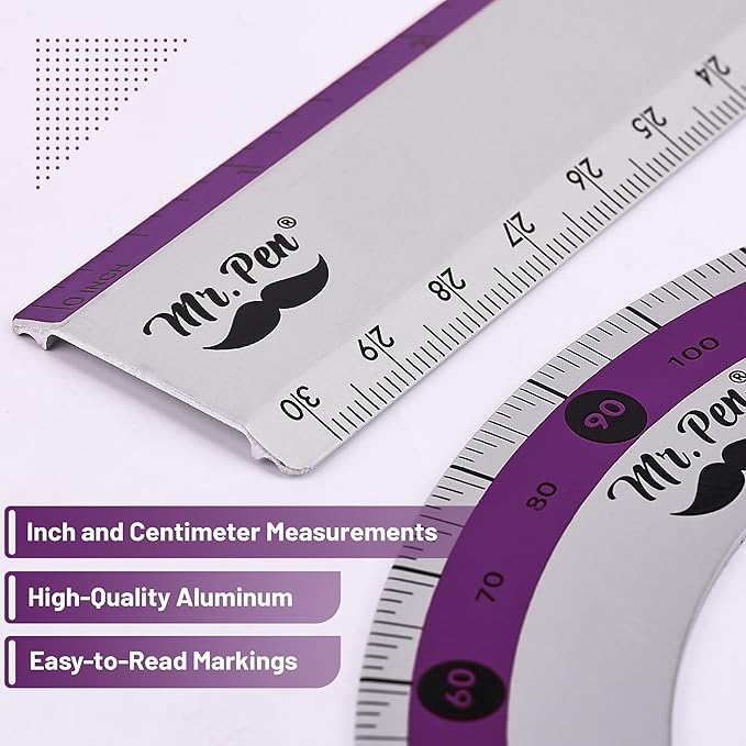 Mr. Pen- Geometry Set, Purple Stripes, 4 Pack, Metal Geometry Kit, Triangle Ruler, Metal Ruler, Drafting Triangles, Metal Protractor, Metal Set Square, Drafting Ruler, Drafting Set
