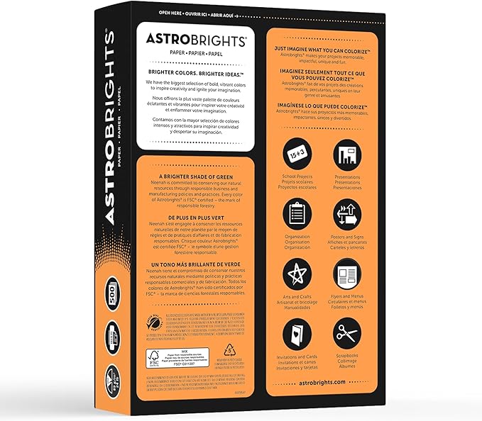 Neenah Astrobrights Bright Color Paper, 8 1/2in. x 11in., 24 Lb, FSC Certified, Cosmic Orange, Ream Of 500 Sheets, 21658