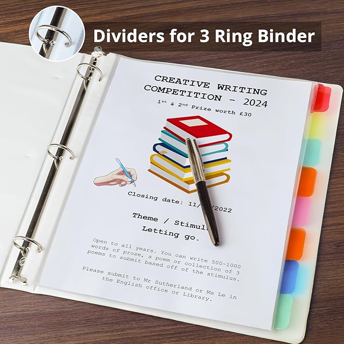 Binder Dividers with Tabs, 8 Tab Clear Sheet Protectors for 3 Ring Binder, White Dividers for 3 Ring Binder Page Protectors, Notebook Binder Sleeves with Pockets, 3 Set (24 Pcs)