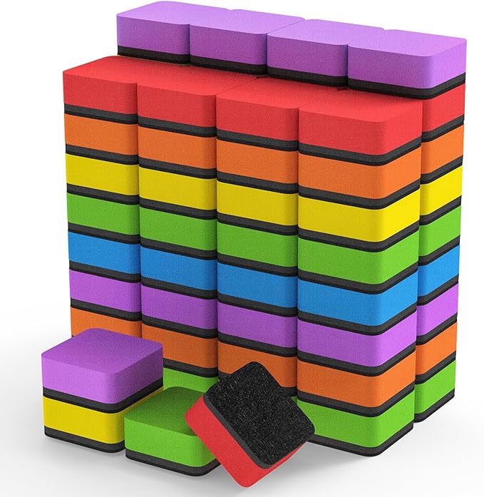 MaxGear 72 Pack Whiteboard Erasers, Magnetic Dry Erase Eraser, Mini Whiteboard Cleaning Pads for Classroom, Chalkboard Wiper Teacher Supplies for School, Office, Home, 6 Rainbow Color Set, 2 x 2 Inch