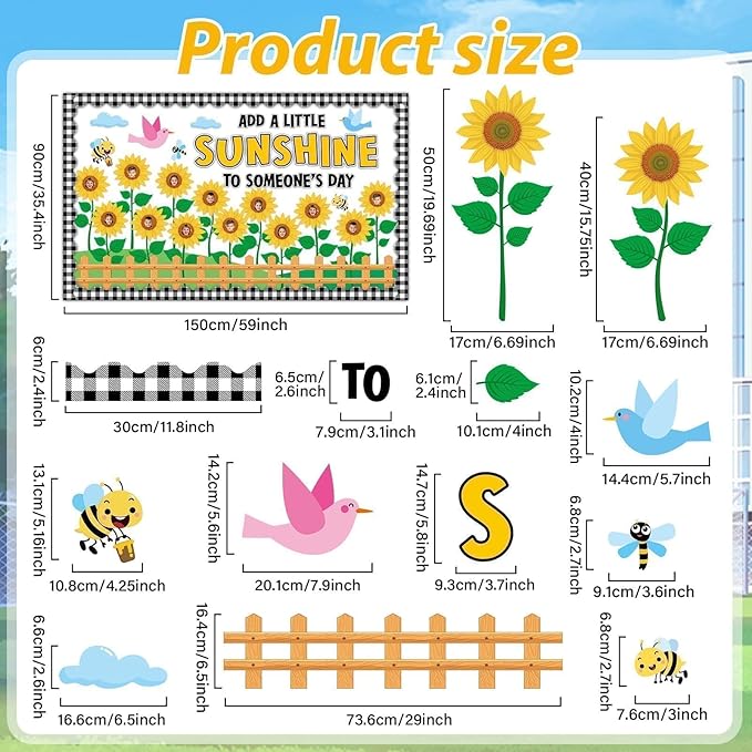 Fall Sunflower Bulletin Board Decorations Sunflower Paper Cutouts for Posting Photo Motivational Quotes Cutouts with Black Plaid Borders for School Classroom Chalkboard Wall Decor Supplies