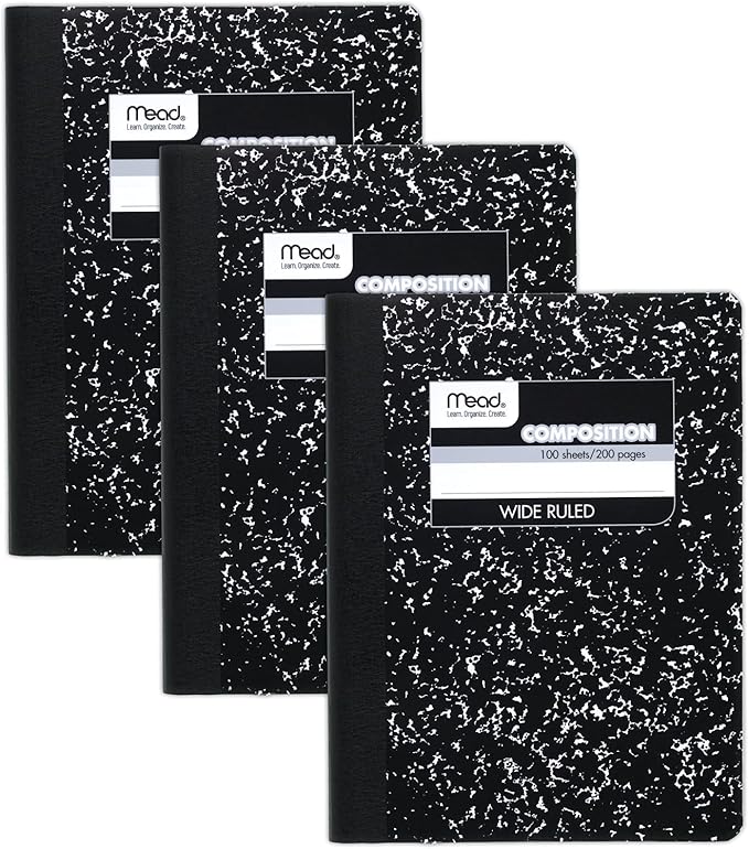 Mead Composition Notebook, 3 Pack, Wide Ruled Paper, 7-1/2" x 9-3/4", 100 Sheets per Comp Book, Black Marble (38301)