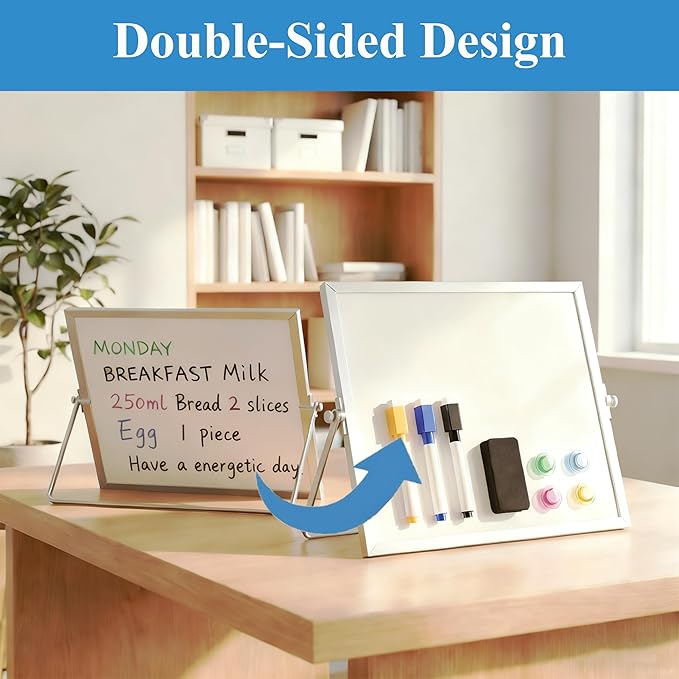 Small Dry Erase Board with Stand, 10" x 10" Double-Sided Desktop Whiteboard, Includes 10 Markers, 4 Magnets & 1 Eraser, Mini Whiteboard for Desk, Office, Kitchen, School, Kids Room