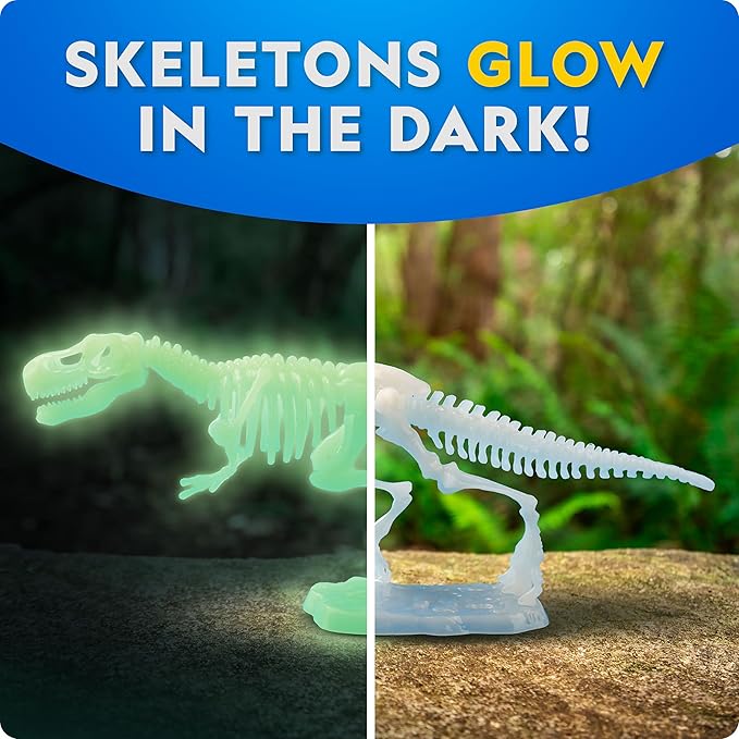 National Geographic Glow-in-The-Dark Dinosaur Skeleton Models Kit – Build Replica Velociraptor & T. rex Skeletons, Easy Snap-Together Bones, Educational Dinosaur Activity Kit for Kids