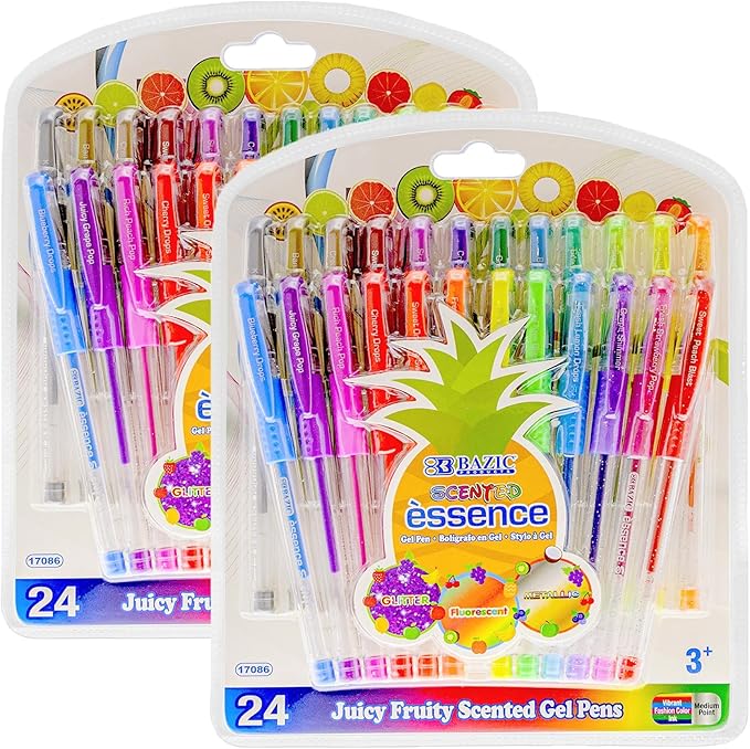 BAZIC Products Scented Glitter Neon Metallic Gel Pen, 24 Color Smooth Writing for Drawing Coloring Greeting Card Art Christmas Gift (24/Pack), 2-Pack