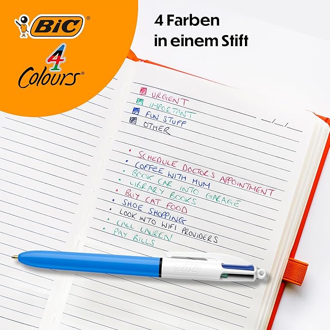 BIC 4 Colours Original Retractable Ballpoint Pens, Multi Coloured All in One, Green, Blue, Red, Black, 12 Pens Per Pack