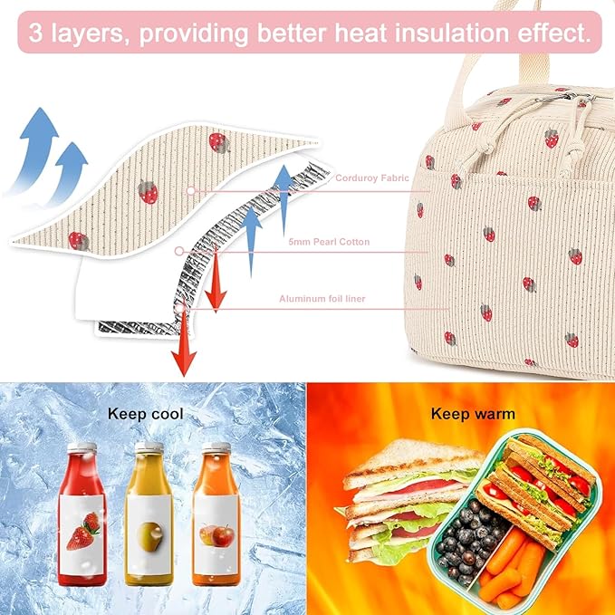 LEDAOU Lunch Box for Women Insulated Lunch Bag Corduroy Lunch Tote Bags Leakproof Cooler Lunchbox for Travel Work Picnic
