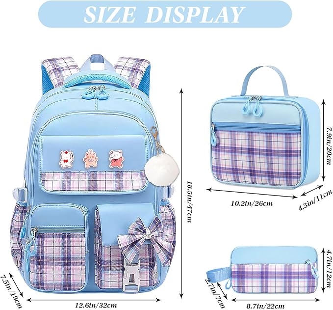 3PCS Girls Backpack Set for School - Cute Kids Bookbag with Lunch Box & Pencil Case, Stylish Backpack Combo for Girls Preschool Elementary Middle High School Students Teens Blue