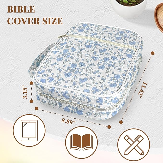 Bible Cover Case for Women,Bible Study Supplies Accessories,Bible Journaling Kit,Blue Flower Carrying Case with Highlighters