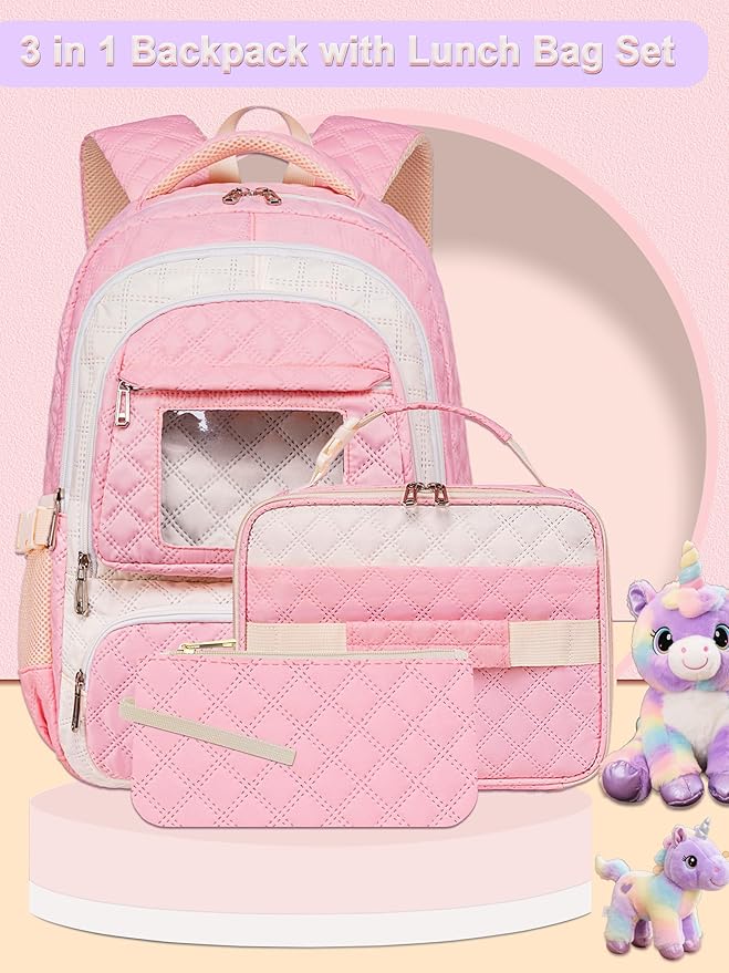 Pink Backpack with Lunch Box for Girls Teenagers Kids for Age 6-8 8-10 10-12 School Bag for Middle High School Primary Aesthetic Bookbag Lightweight Mochila Para Niñas