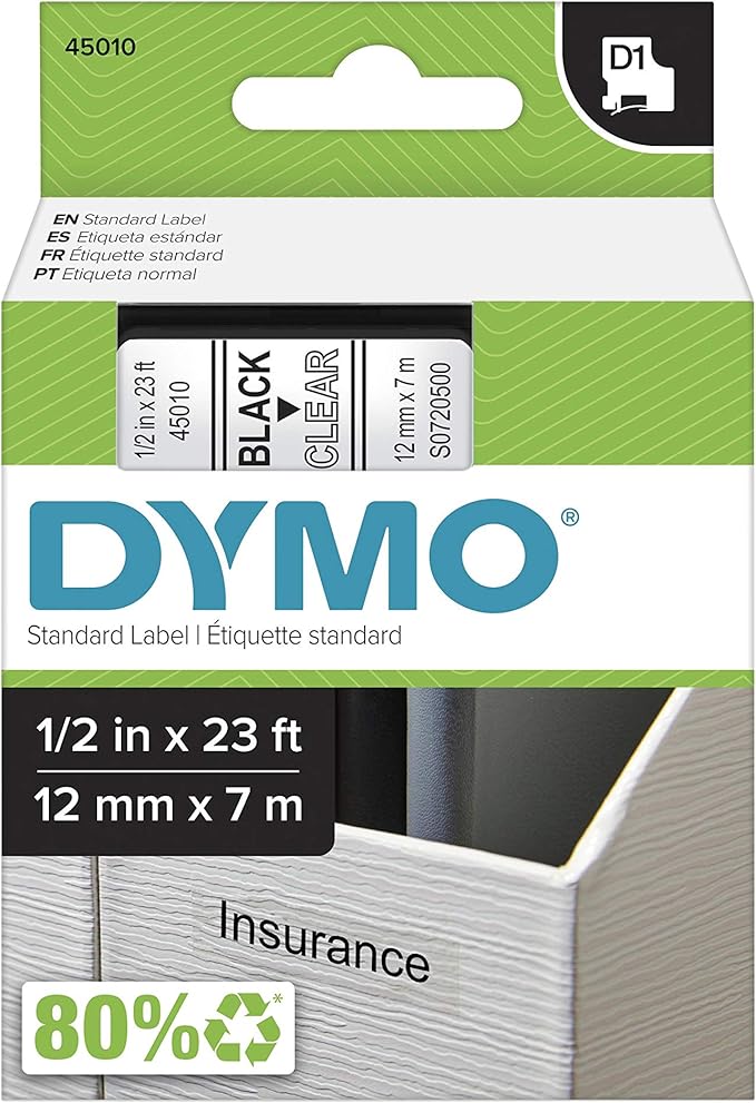 DYMO Authentic D1 Label l DYMO Labels for LabelManager COLORPOP and LabelWriter Duo Label Makers Great for Organization Indoor or Outdoor Use ½” (12mm) Black Print on Clear Tape Water Resistant