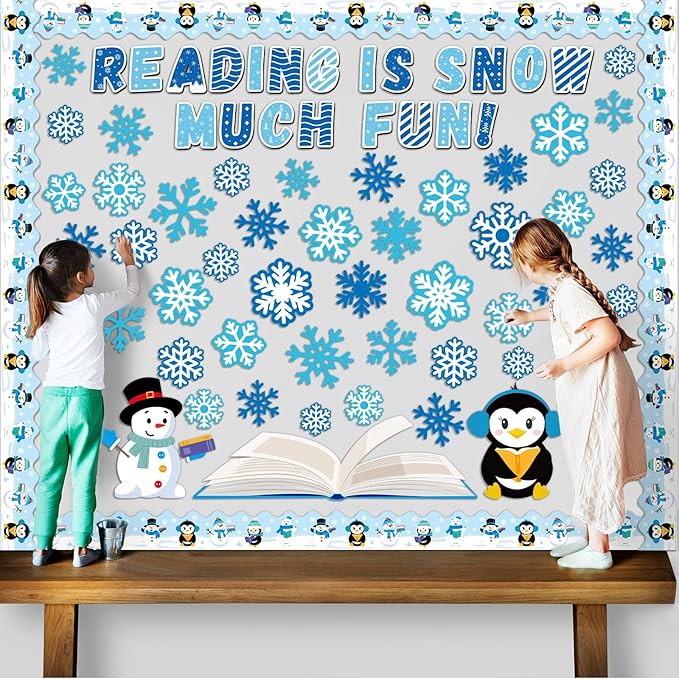 Winter Reading Bulletin Board Decoration Set Snowflake Snowman Penguins Cutouts Christmas Winter Snowflake Bulletin Board Borders Classroom Decorations for Holiday Party School Home Door Wall(Winter)