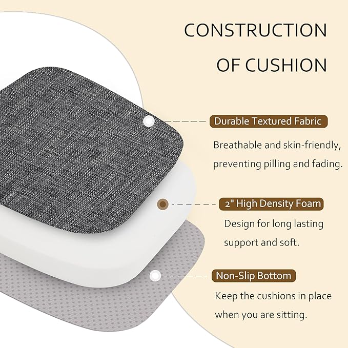 ELFJOY Chair Cushions for Dining Chairs Non Slip Chair Pads Set of 4 Seat Cushions with Ties Indoor 16.7" x 16" Darkgrey