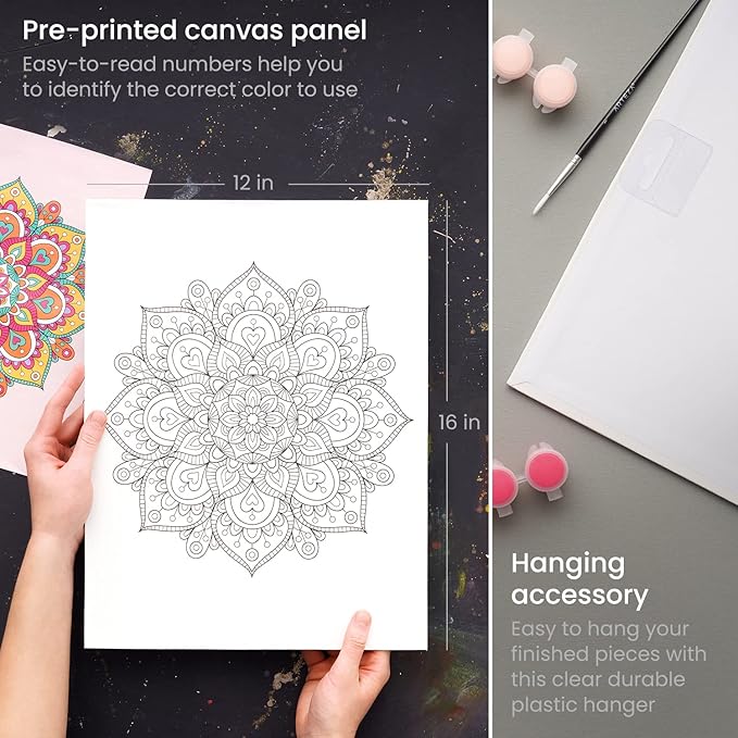 ARTEZA Paint by Number for Adults, 12x16 Inches, 21 Pieces, Mandala Paint by Numbers Kit, Comes with 1 Canvas Panel, 12 Acrylic Paint Pots, 5 Paintbrushes, Art Supplies for Home & Office Wall Decor