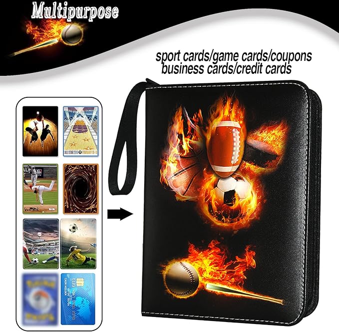Sports Card Binder, Trading Card Binder 4 Pocket with 50 Sleeves Fits 400 Sport Cards, Sports Card Holder Binder with Zipper, Football Baseball Basketball Hockey Card Collection Storage Album