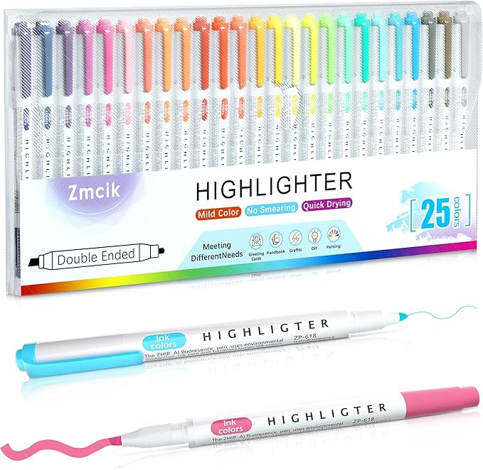 Double Ended Highlighters with Soft Chisel Tip, 25-Pack Quick Dry Assorted Colors, Pastel Highlighters Set for School/Office Journaling, Bible Assorted Colors
