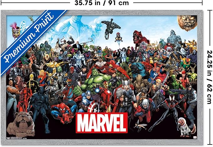 Marvel Comics The Marvel Lineup Wall Poster, 34L" x 22.4W", Gray Framed Version