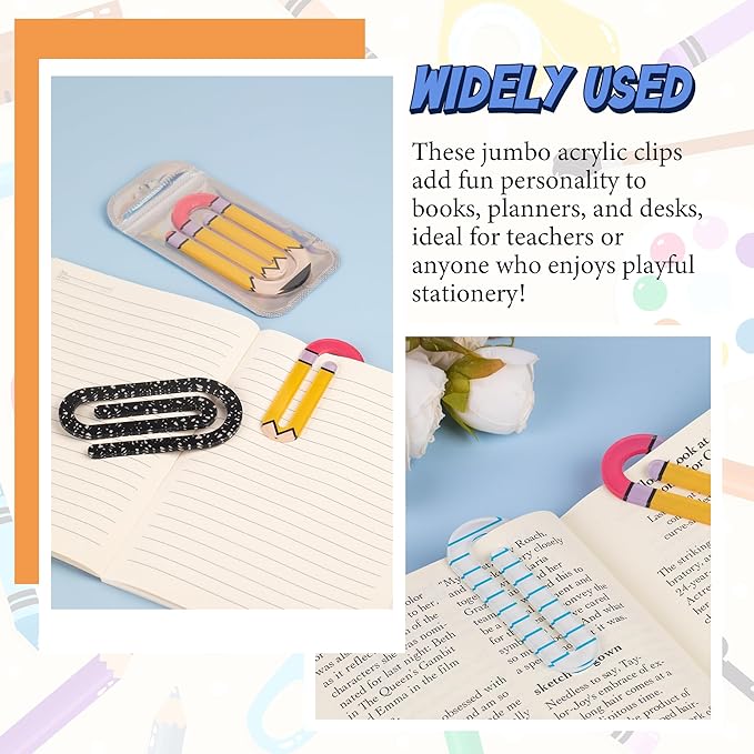 48 Pack Jumbo Acrylic Paper Clips, 4" X 2" 24Pcs Teacher Paper Clips with 24Pcs Gift Bags Personalized Paperclips Bookmark for Home Office Back to School Supplies (Pencil,Notebook,Eraser)