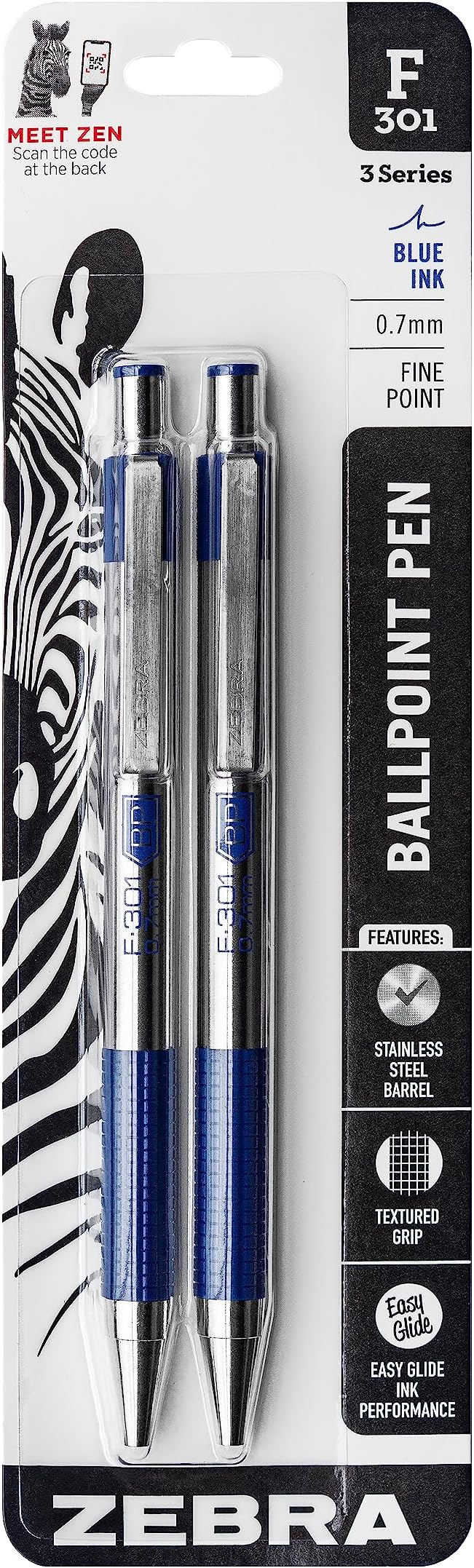 Zebra Pen F-301 Ballpoint Blue Ink Fine Point 0.7mm Pen, Easy-Glide Ink, Stainless Steel Retractable, Non-Slip Grip, Professional Design, Ideal for Office, Journal and Planner Use, 2-Pack (27122)