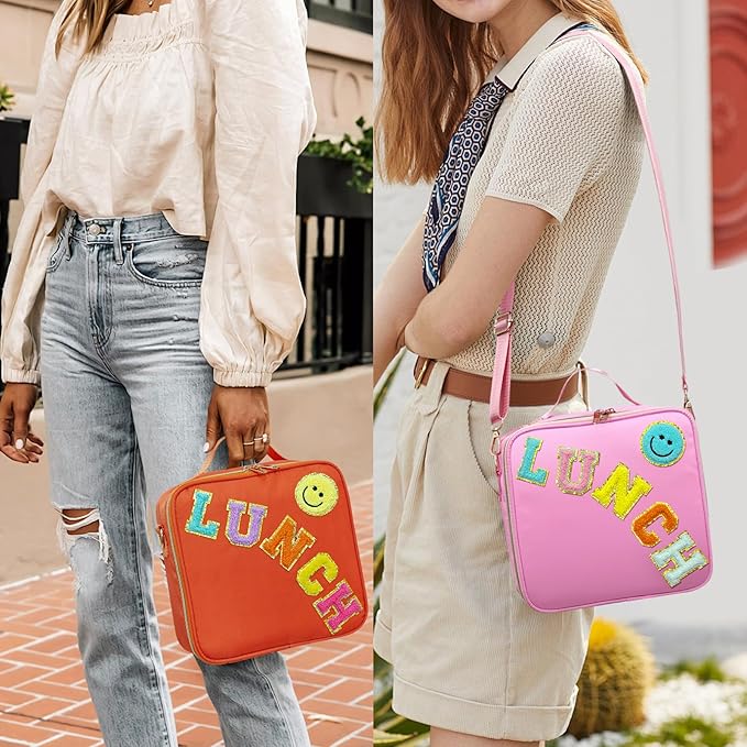 Insulated Lunch Bag Women Lunch Box Kids for Teen Girls Boys, Cute Preppy Lunch Boxes With Adjustable Shoulder Strap, Waterproof Nylon Lunchbox Lunch Bags for School Work Picnic (Orange)